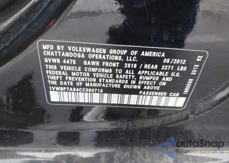 2012 Volkswagen Passat 2.5L Se from USA, damaged, VIN 1VWBP7A34CC090713